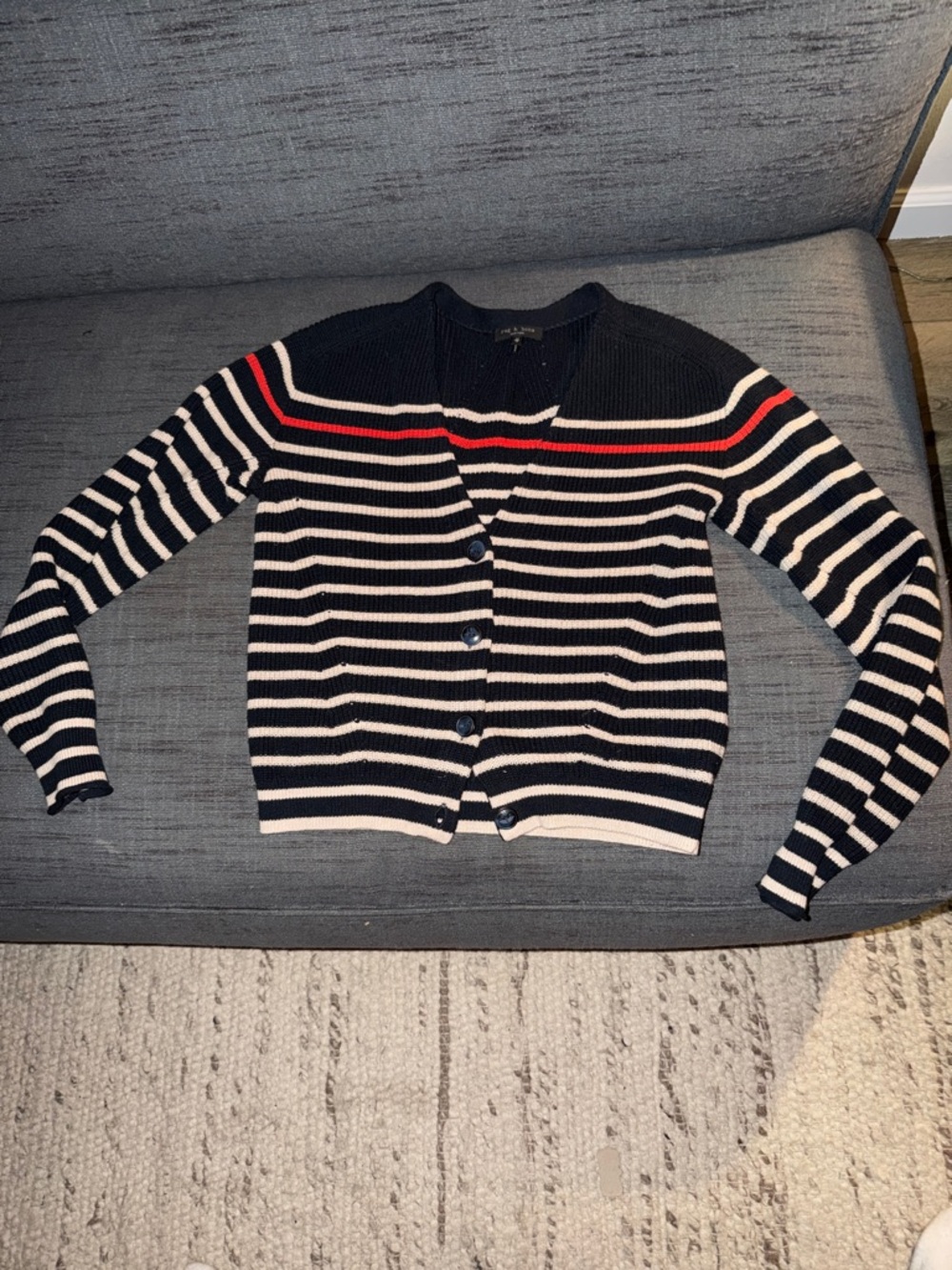 rag & bone Navy, White & Red Striped Button-Front Cardigan